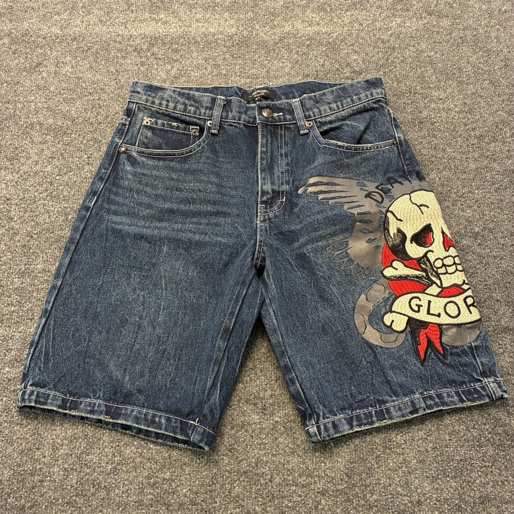 Ed Hardy Death or Glory Skull Embroidered Jean Shorts Mens Size 32 Baggy Jorts